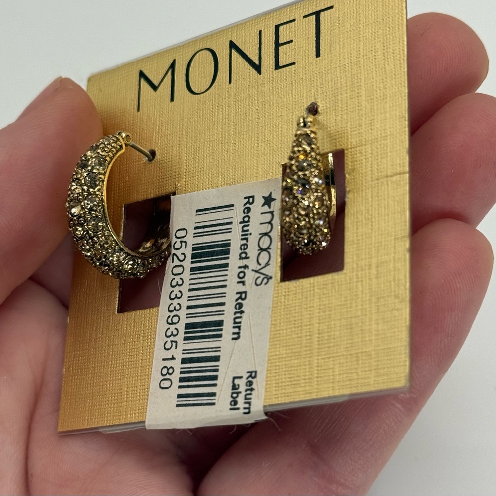 Monet Gold Tone Hoop Rhinestone Earrings NWT - Picture 2 of 8